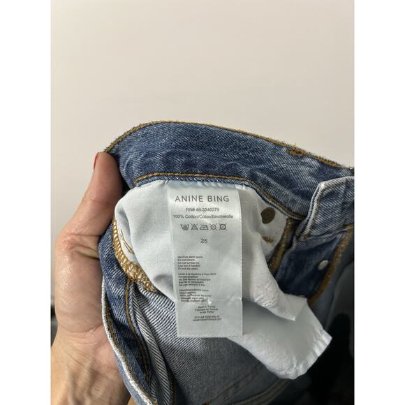 Anine Bing Straight Leg Jeans High Rise 100% Cotton Blue Raw Hem Distressed 25 - Picture 7 of 11